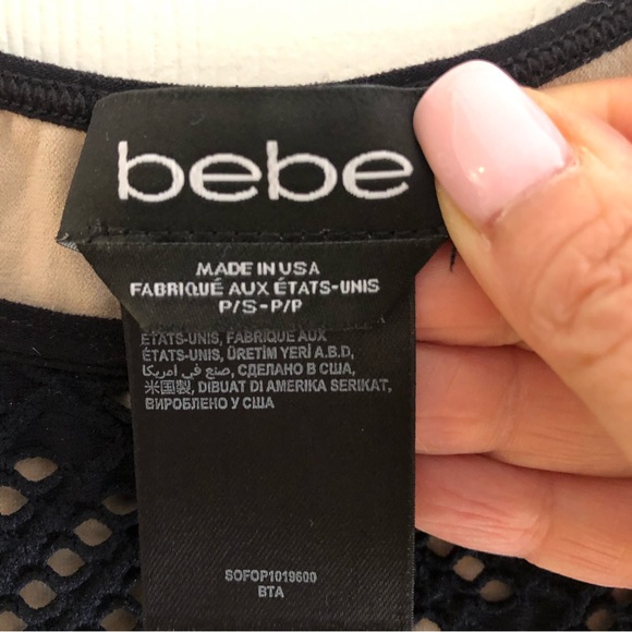 Bebe Women’s Black Open Knit Bodycon Herringbone Pattern Dress Nude Lining Sz S - Picture 3 of 9